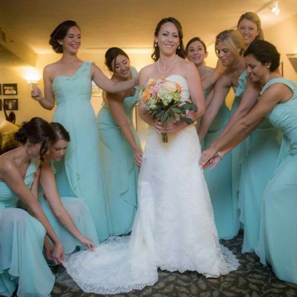 Bride and bridesmaids in tailored dresses